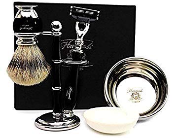 Haryali London 5 Pc Mens Shaving Kit 3 Edge Razor With Silver Tip Badger Hair Shaving Brush, Stand, Soap and Bowl Perfect Set For Men