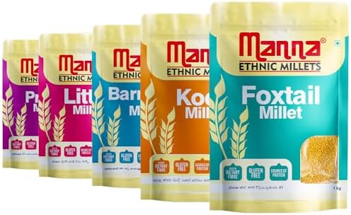 Manna Millets 5kg - Natural Grains Combo Pack of 5 Foxtail 1kg, Kodo 1kg, Little 1kg, Barnyard 1kg, Proso 1kg