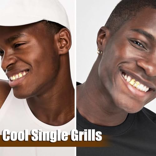 7Pcs Golden Grillz Set for Your Teeth Open Face Hip Hop Rapper Teeth Jewelry Single Grill Dental Caps for Top 8/6 Bottom Tooth Grillz
