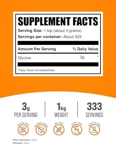 BulkSupplements.com Glycine Powder - Glycine Supplements, Amino Acid Supplement - Unflavored & Gluten Free, 3g per Serving, 1kg (2.2 lbs) (Pack of 1)