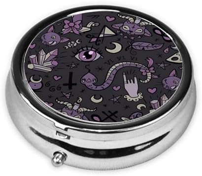 Purple Black Goth Spooky Printed Round Travel Pill Box Cute Small Metal Pocket Pill Case for Men & Women 3 Compartment Portable Pill Organizer for Purse or Pocket