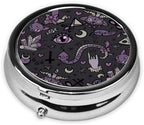 Purple Black Goth Spooky Printed Round Travel Pill Box Cute Small Metal Pocket Pill Case for Men & Women 3 Compartment Portable Pill Organizer for Purse or Pocket
