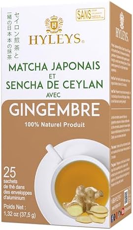 Hyleys Matcha Tea Bags with Ginger - 25 Tea Bags (Japanese Pure Matcha Wellness Green Tea)