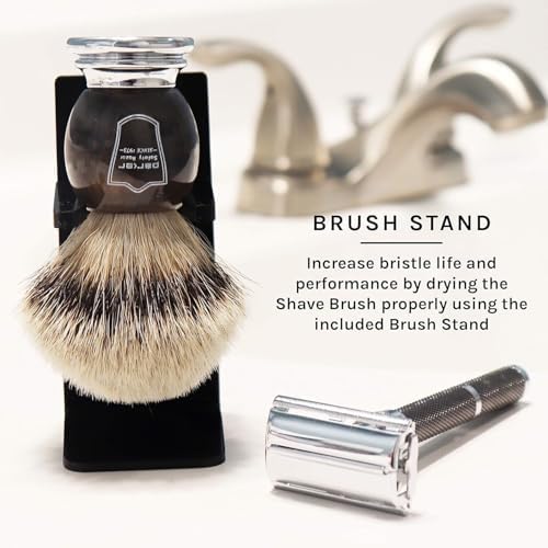 Parker 100% Silvertip Badger Shaving Brush – Faux Horn Handle, Long Loft 22 mm Knot, Chrome Base + Resin Stand – Rich Lather, Sensitive Skin Friendly