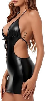 Women's PU Leather Lingerie Wet Look Outfits Babydoll Hollow Nightgown Chemise Boudoir Nighty Teddy Lingerie
