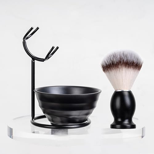 Shaving Brush Set for Men, 3in1 Shaving Set includes Synthetic Shaving Brush with Steel Stand and Resin Bowl (3pcs)