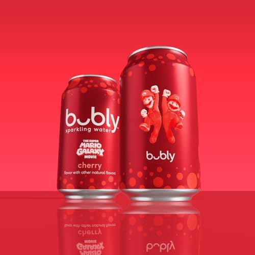 bubly Sparkling Water, The Super Mario Galaxy Movie Cherry, Zero Sugar & Zero Calories, 12 Fl Oz Cans (Pack of 8), Packaging May Vary