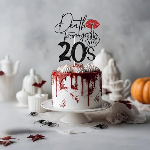 Black Glitter Death to My 20's Cake Topper, Kiss My 20's Goodbye/Funeral for My Youth, Funny Halloween Scary Old English Themed 30th Birthday Party Decorations Supplies