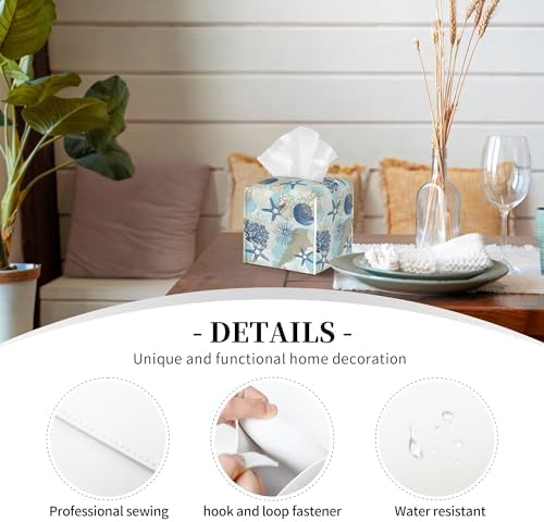 Tissue Box Holder Corals and Seashells Tissue Box Cover Square Leather Tissue Holder Organizer Portable Decorative Facial Paper Case for Home Office Bathroom Vanity Countertop
