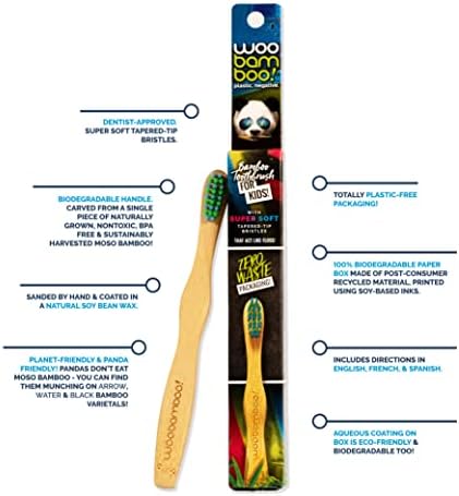 Woobamboo! Kid's Bamboo Toothbrush - Super Soft BPA Free Nylon Bristles - Eco-Friendly, Biodegradable, Compostable, Vegan (Pack of 2)