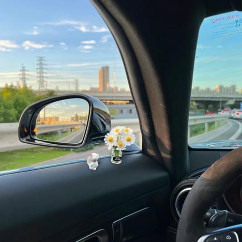 Set of 2 Mini Bunny Daisy Car Rearview Mirror Ornaments, Cute Funny Blossom Flower Vase Vehicle Dashboard Decorations, Rabbit Kawaii Auto Interior Dash Accessories, Universal Fit (White)