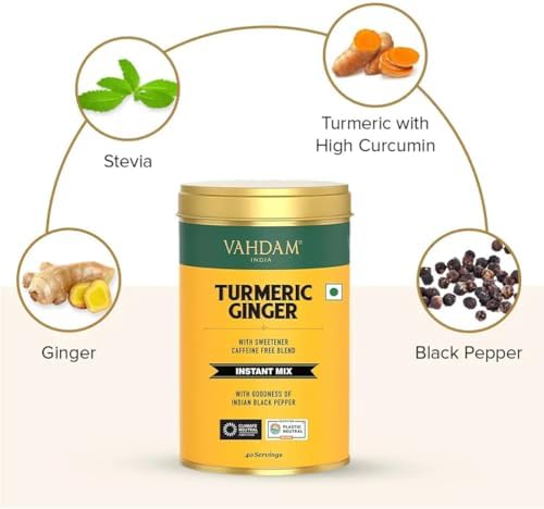 VAHDAM, Golden Milk Powder/Turmeric Ginger Latte Mix (100g, 40 Cups) Caffeine-Free | Powerful Curcumin, Turmeric Powder & Ginger | Brew Hot/Iced Tea
