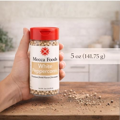 Mecca Foods Premium Whole White Peppercorns 5 oz – Gourmet White Pepper for Cooking, Seasoning & Marinades – Fresh Aroma in PET Jar