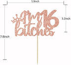 YotaWish Rose Gold Glitter I'm 16 Bitches Cake Topper - 16 Birthday Decorations for Girls - Sweet 16, Happy 16th Birthday Party Decoration Supplies