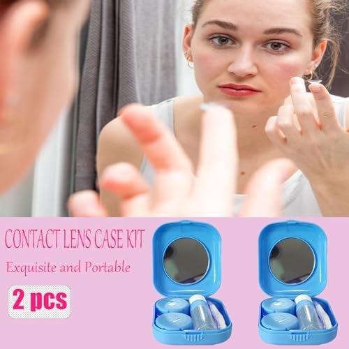 Contact Lens Case, 2 Pack Portable Contact Lens Box Kit with Mirror, Compact Soak Storage Kit for Travel (Blue)
