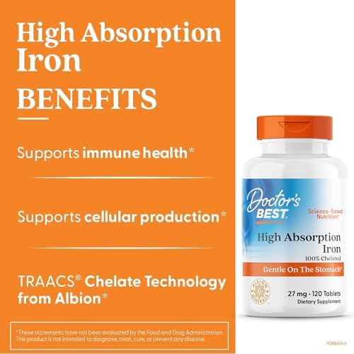 Doctor's Best High Absorption Iron Tablet with Ferrochel, Gentle on The Stomach, Immune Health, Blood Health, 27 mg
