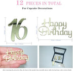 Happy Birthday Cupcake Party Decorations, Gold Mirror Acrylic，Acrylic Number Cupcake Topper,12 Pieces,16th Birthday Cake Toppers,16th Cupcake Topper,Sweet 16 (16th Birthday Cupcake)