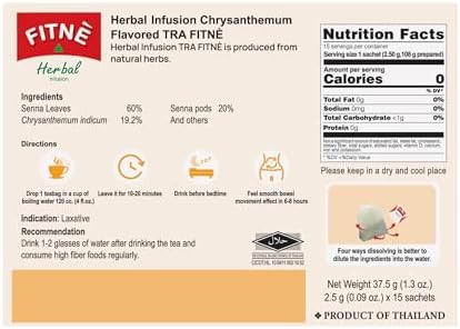 FITNÈ Chrysanthemum Herbal Tea Senna Infusion Smooth Mild Soothing Beverage Natural Gentle Detox Cleanse No Calories Caffeine Free, 15 Tea Bags
