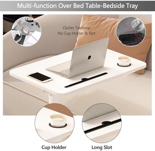 BeGyoku Overbed Table,Over The Bed Table with Hidden Wheels&Cup Holder,Adjustable Bedside Table and Rolling Table Tray&Laptop Cart,Hospital Table Over Bed for Home Use (White)