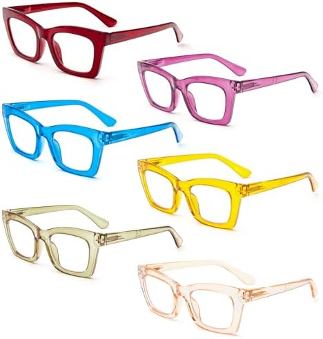 REAVEE 6 Pack Reading Glasses for Women Blue Light Blocking, Cute Square Computer Readers with Spring Hinge