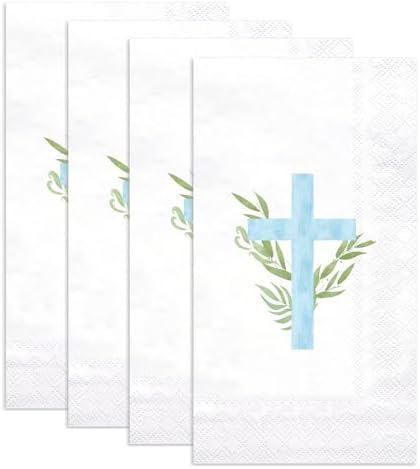WRAPAHOLIC 50Pcs Cross Religious Paper Napkins - 3-Ply Religious Blue Cross Guest Disposable Hand Towels for Bathroom, Spring, Christening and Baby Shower - 4.3 x 7.9 In