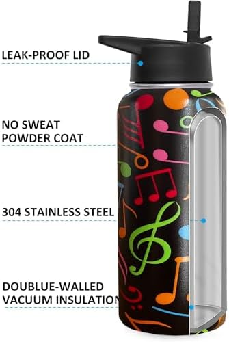 32oz Music Water Bottle Insulated Vacuum Stainless Steel Tumbler Travel Mugs With Straw for Gym Camping Hiking