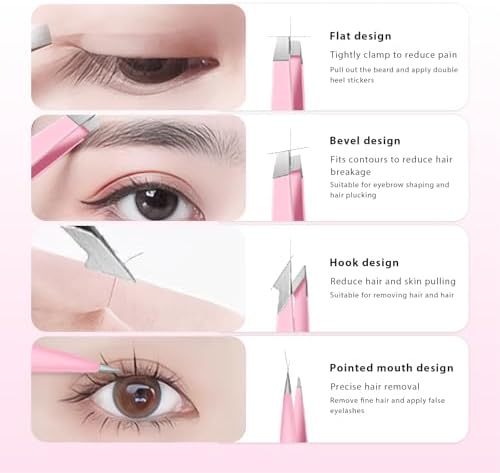 4 pack Tweezers Set, Precision Stainless Steel Straight Curved for Professional Eyelash Artists(Pink)