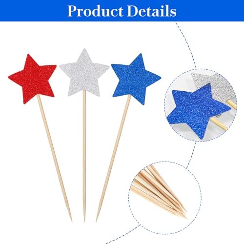 30 PCS Glitter Star Cupcake Toppers Patriotic Red White and Blue Decorations Engagement Cupcake Toppers Star Birthday Decorations American National Party Cake Decorations Star Decorations Supplies