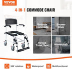 VEVOR Shower Commode Wheelchair with 4 Lockable Wheels, Footrests, Flip-up Arms, 3-Level Adjustable Height, 5L Removable Bucket, 350 LBS Capacity, Commode Chair for Adults Seniors