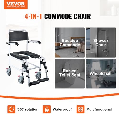 VEVOR Shower Commode Wheelchair with 4 Lockable Wheels, Footrests, Flip-up Arms, 3-Level Adjustable Height, 5L Removable Bucket, 350 LBS Capacity, Commode Chair for Adults Seniors