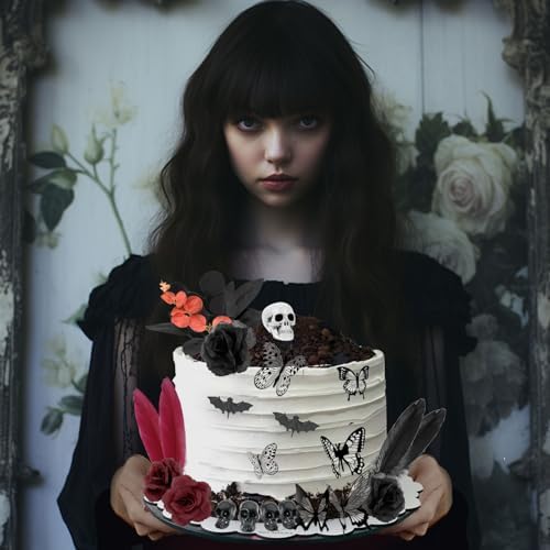 Gothic Cake Decorations - 26PCS Black Cake Toppers with Red Black Rose, Skull, Butterfly Cupcake Toppers for Goth Birthday, Wedding, Halloween