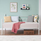 VECELO Twin Size Daybed Frame Metal Steel Slat Support with Headboard Sofa Bed Platform for Living Room, Guest Room, Easy Assembly, White