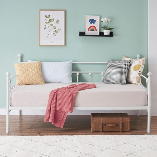 VECELO Twin Size Daybed Frame Metal Steel Slat Support with Headboard Sofa Bed Platform for Living Room, Guest Room, Easy Assembly, White