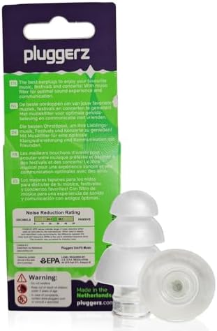 Pluggerz Enjoy Music Earplugs, Transparent, Skin-Friendly Material, Reusable Ear Plugs with Filter, 24-29 dB Noise Reduction Rating, Universal-Fit Hearing Protection for Concerts or Festivals, 1 Pair
