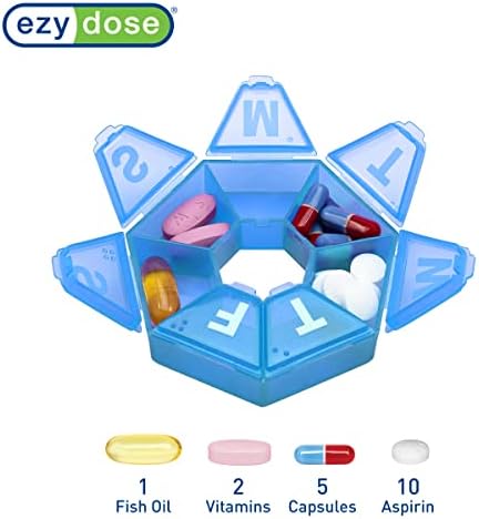 EZY DOSE 7-Day Weekly Pill Organizer, Daily Medicine Container and Vitamin Planner, Round Supplement Case, Compact Travel Friendly, Portable Storage Sorter, 7-Sided Circle, Blue BPA Free