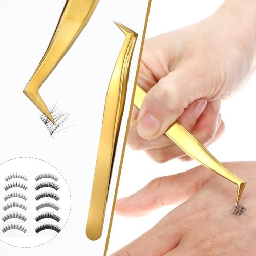 5 Pcs Lash Tweezers Set High Precision Stainless Steel Eyelash Tweezers Gold Curved Volume Professional Applicator Individual Lash Extensions Tool with Storage Box for Classic