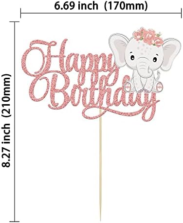 Gyufise Pink Elephant Happy Birthday Cake Topper - 1Pc Rose Gold Glitter Decorations for Baby Shower, Kids Girls Birthday Party Supplies