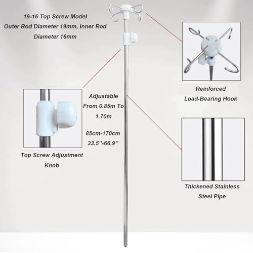Portable IV Pole with 4 Hooks - Height Adjustable Stainless Steel Stand for Feeding Tubes & IV Bags - Ideal for Nursing Beds & Infusion Chairs for Elderly Care