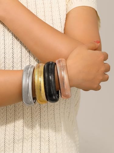 KeyStyle Bangle Bracelets for Women, Stainless Steel Stretch Bracelet Flexible Wide Link Chain Gold Wristband GoldChic Twisted Jewelry, 10mm, 16mm, 20mm