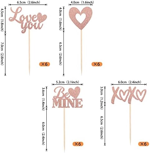 24 Pack Valentine's Day Cupcake Toppers Glitter Love Heart XOXO Love You Be Mine Cupcake Food Picks Valentine's Day Theme Wedding Bridal Shower Birthday Party Cake Decorations Supplies Rose Gold
