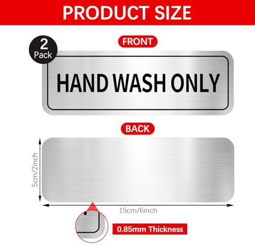 2 Pcs Hand Wash Only Sign 6 x 2 inch Self-Adhesive Kitchen Sink Sign Brushed Aluminum Metal Signs for Restaurants, Businesses, Bathroom, Restroom, Silver, Easy Installation, Waterproof