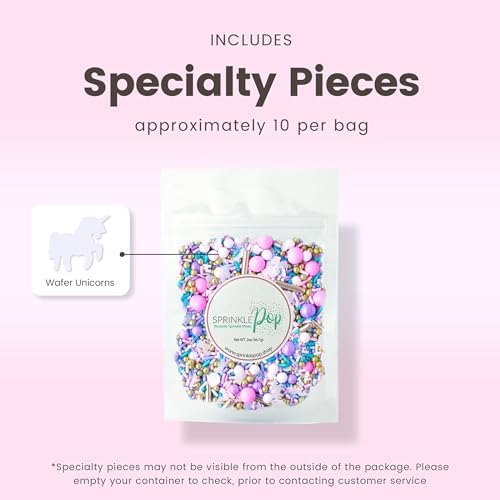 Sprinkle Pop Unicorn Sprinkle Mix| Pastel Pink Purple Blue White Sprinkles with ~10 Unicorn Wafer Paper and Gold Dragees Made in USA for Decorating Princess Birthday Cakes Cupcakes Donuts Cookies, 2oz
