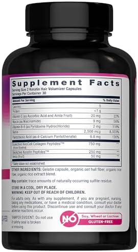 NeoCell Keratin Hair Volumizer With Collagen, Amla Extract and Vitamin C, Hair and Skin Supplement, Capsule, 60 Count, 1 Bottle