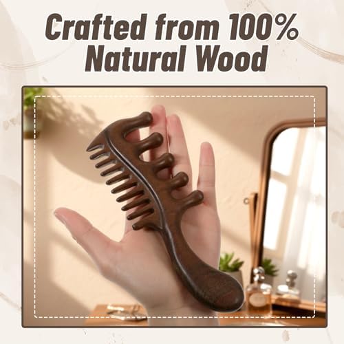 Hecila Wooden Hair Massager Wooden Scalp Massager Comb 2 in 1 Wide Fine Tooth with Handle for Hair Growth Natural Sandalwood for Detangles Long Thick Wet Dry Head Anti-Static Scalp Care Relief