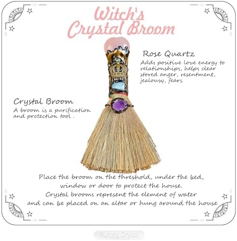 Witch Cinnamon Broom Natural Rose Quartz Magic Broom Love Crystal Witch Broom Reiki Healing Crystal Handmade for Cleansing Bedroom Office Home Decor Gifts
