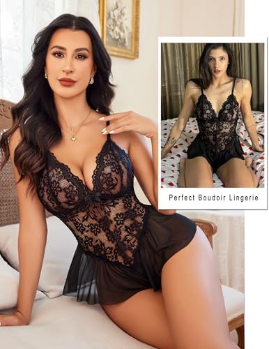 Avidlove Teddy Lingerie for Women Lace Bodysuit One Piece Babydoll Mesh Chemise V Neck Sleepwear