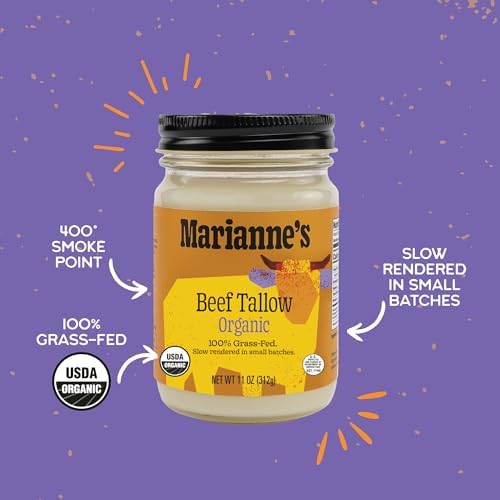 Marianne’s Organic Beef Tallow: 100% Grass-Fed Cooking Fat for Roasting, Frying & High-Heat Cooking, Rich Savory Flavor, Pasture-Raised USA Cattle, USDA Organic