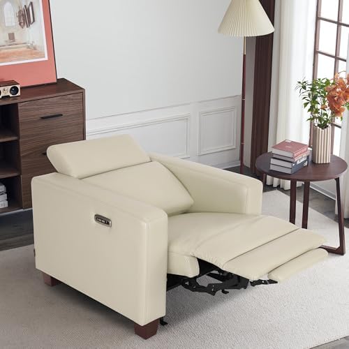 MCombo Zero Wall Recliner Chair, Wall Hugger Power Recliner Chair with Adjustable Headrest, High Wood Leg, USB & Type C Dual Charge Ports, for Living Room, Small Spaces, HL128 (Faux Leather, Beige)