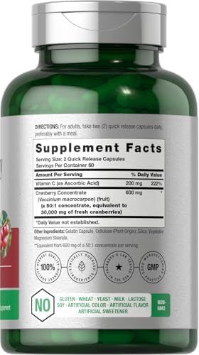 Horbäach Cranberry Concentrate Extract Pills + Vitamin C | 120 Capsules | Supplement for Women and Men | Triple Strength Ultimate Potency Formula | Non-GMO and Gluten Free