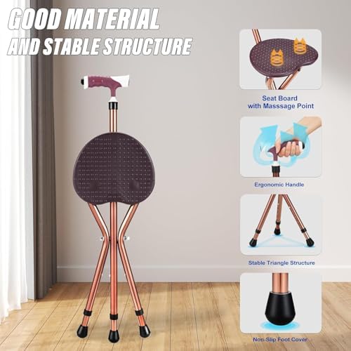 Heavy Duty Folding Cane with Seat Upgraded Tripod Design Walking Stick for Seniors Adjustable Height (32"-36") & Seat (18"-22") Portable Chair Cane for Travel Shopping Outdoor Supports up to 400 LBS